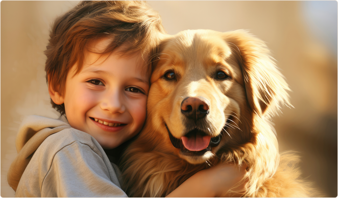 Lächelnder Junge mit Golden Retriever im Sonnenlicht